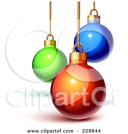 Royalty-Free (RF) Clipart Illustration of Shiny 3d Green, Blue And Red Christmas Baubles Suspended From Gold Chains by Oligo