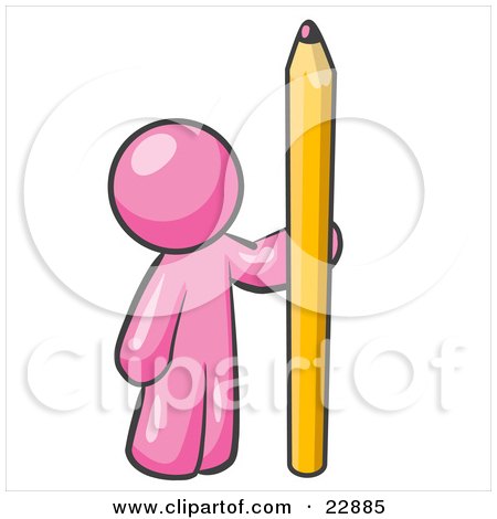 Clipart Illustration of a Pink Man Holding Up And Standing Beside A Giant Yellow Number Two Pencil by Leo Blanchette