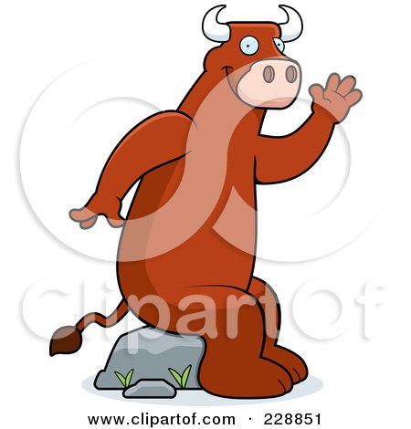 Royalty-Free (RF) Clipart Illustration of a Bull Sitting On A Rock And Waving by Cory Thoman