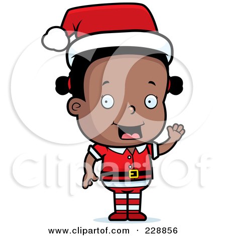 Royalty-Free (RF) Clipart Illustration of a Black Female Toddler Christmas Helper Waving by Cory Thoman