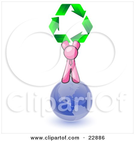 Clipart Illustration of a Pink Man Standing On Top Of The Blue Planet Earth And Holding Up Three Green Arrows Forming A Triangle And Moving In A Clockwise Motion, Symbolizing Renewable Energy And Recycling by Leo Blanchette