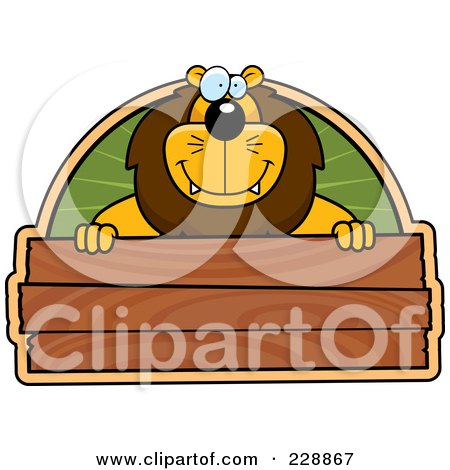 Royalty-Free (RF) Clipart Illustration of a Lion Above A Blank Wooden Sign by Cory Thoman