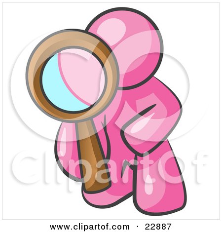 Clipart Illustration of a Pink Man Kneeling On One Knee To Look Closer At Something While Inspecting Or Investigating by Leo Blanchette
