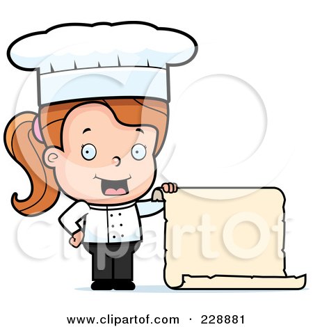 Royalty-Free (RF) Clipart Illustration of a Female Toddler Chef Holding A Blank Menu by Cory Thoman