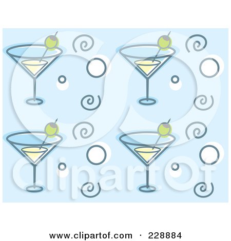Royalty-Free (RF) Clipart Illustration of a Background Pattern Of Martini Glasses, Circles And Spirals On Blue by Cory Thoman