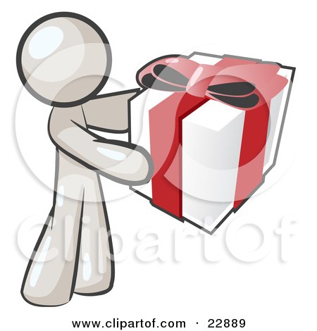 Clipart Illustration of a Thoughtful White Man Holding A Christmas, Birthday, Valentine's Day Or Anniversary Gift Wrapped In White Paper With Red Ribbon And A Bow by Leo Blanchette