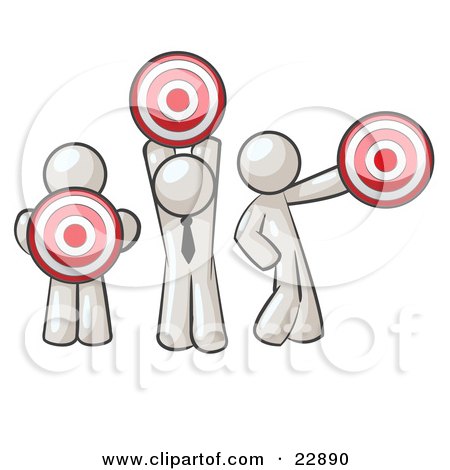 Clipart Illustration of a Group Of Three White Men Holding Red Targets In Different Positions by Leo Blanchette