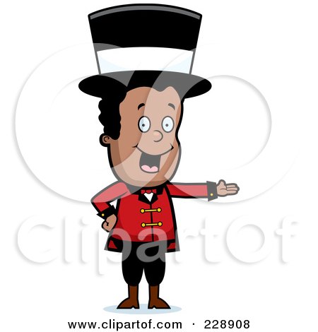 Royalty-Free (RF) Clipart Illustration of a Black Circus Man Wearing A Hat And Presenting by Cory Thoman