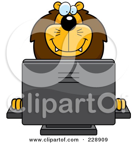 Royalty-Free (RF) Clipart Illustration of a Lion Using A Desktop Computer by Cory Thoman