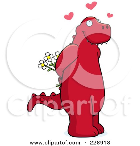 Royalty-Free (RF) Clipart Illustration of a Red Dinosaur Holding Flowers Behind His Back by Cory Thoman