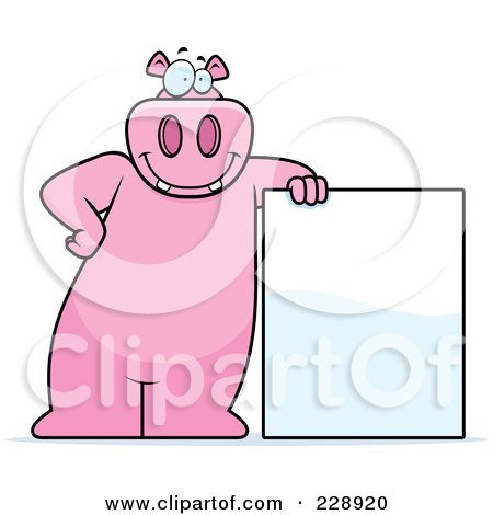 Royalty-Free (RF) Clipart Illustration of a Hippo Leaning Against A Blank Sign by Cory Thoman