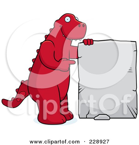 Royalty-Free (RF) Clipart Illustration of a Red Dinosaur Holding And Pointing To A Stone Sign by Cory Thoman