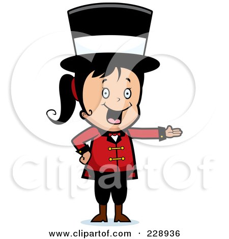 Royalty-Free (RF) Clipart Illustration of a Black Haired Circus Woman Wearing A Hat And Presenting by Cory Thoman