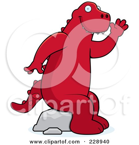 Royalty-Free (RF) Clipart Illustration of a Red Dinosaur Sitting On A Rock And Waving by Cory Thoman