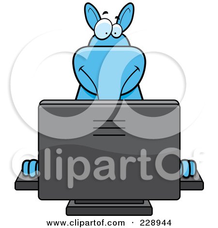Royalty-Free (RF) Clipart Illustration of a Blue Aardvark Using A Desktop Computer by Cory Thoman