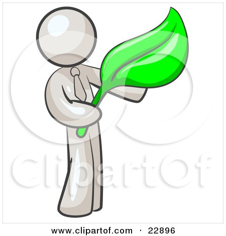 Clipart Illustration of a White Man Holding A Green Leaf, Symbolizing Gardening, Landscaping Or Organic Products by Leo Blanchette