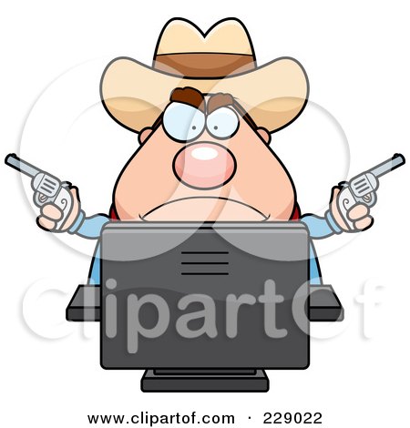 Royalty-Free (RF) Clipart Illustration of a Chubby Sheriff Using A Desktop Computer by Cory Thoman