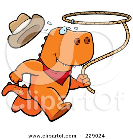 Royalty-Free (RF) Clipart Illustration of a Rodeo T Rex Running With A Lasso by Cory Thoman