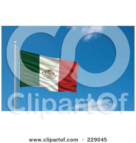 Royalty-Free (RF) Clipart Illustration of the Flag Of Mexico Waving On A Pole Against A Blue Sky by stockillustrations