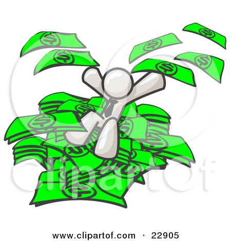 Clipart Illustration of a White Business Man Jumping in a Pile of Money and Throwing Cash Into the Air by Leo Blanchette