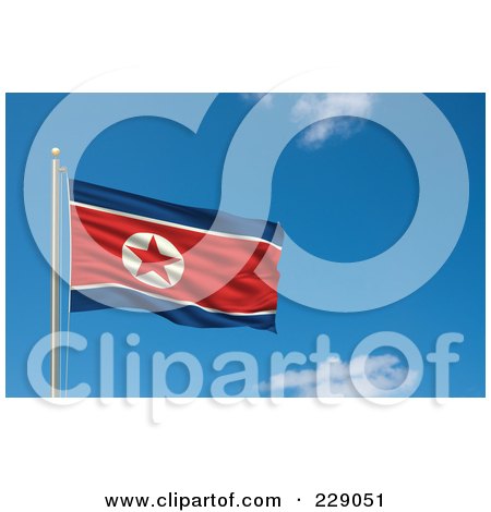 Royalty-Free (RF) Clipart Illustration of the Flag Of North Korea Waving On A Pole Against A Blue Sky by stockillustrations
