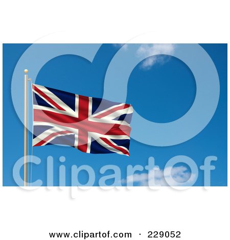 Royalty-Free (RF) Clipart Illustration of the Flag Of UK Waving On A Pole Against A Blue Sky by stockillustrations