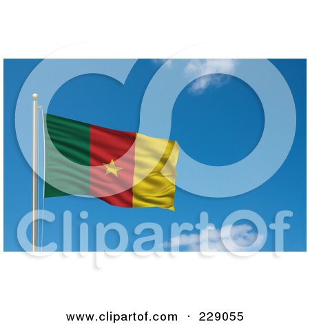 Royalty-Free (RF) Clipart Illustration of the Flag Of Cameroon Waving On A Pole Against A Blue Sky by stockillustrations