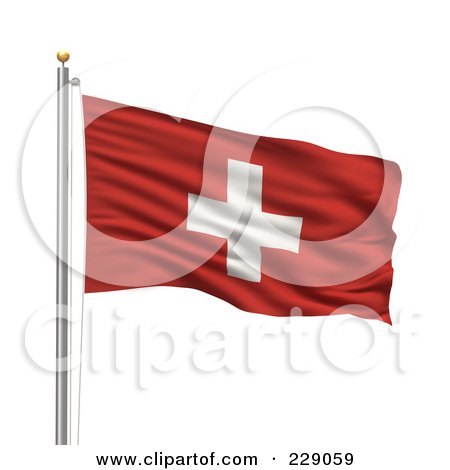 Royalty-Free (RF) Clipart Illustration of The Flag Of Switzerland Waving On A Pole by stockillustrations