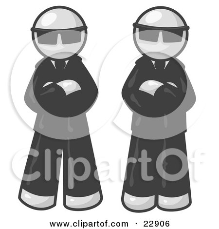 Clipart Illustration of Two White Men Standing With Their Arms Crossed, Wearing Sunglasses and Black Suits by Leo Blanchette