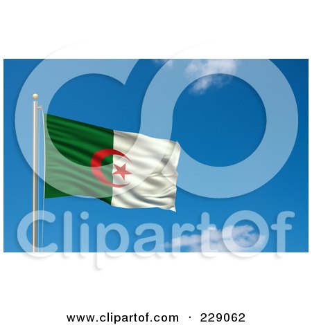 Royalty-Free (RF) Clipart Illustration of the Flag Of Algeria Waving On A Pole Against A Blue Sky by stockillustrations