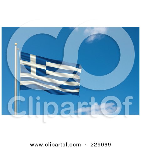 Royalty-Free (RF) Clipart Illustration of the Flag Of Greece Waving On A Pole Against A Blue Sky by stockillustrations