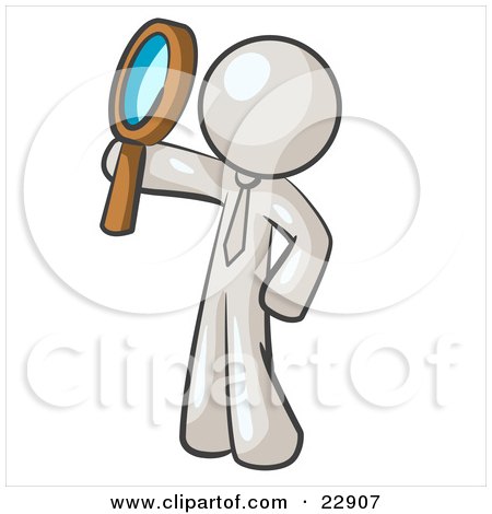 Clipart Illustration of a White Man Holding Up A Magnifying Glass And Peering Through It While Investigating Or Researching Something  by Leo Blanchette
