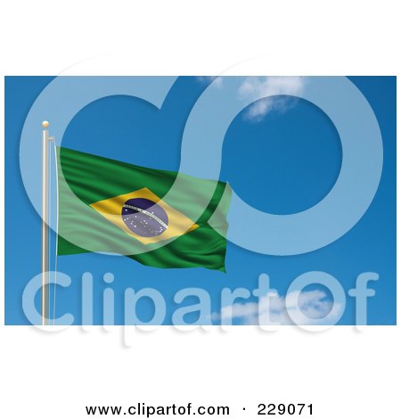 Royalty-Free (RF) Clipart Illustration of the Flag Of Brazil Waving On A Pole Against A Blue Sky by stockillustrations