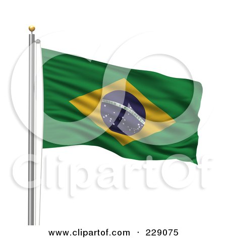 Royalty-Free (RF) Clipart Illustration of The Flag Of Brazil Waving On A Pole by stockillustrations