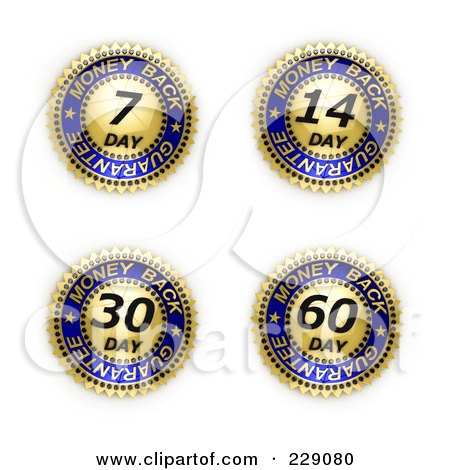 Royalty-Free (RF) Clipart Illustration of a Digital Collage Of Four Gold And Blue Money Back Guarantee Seals by stockillustrations