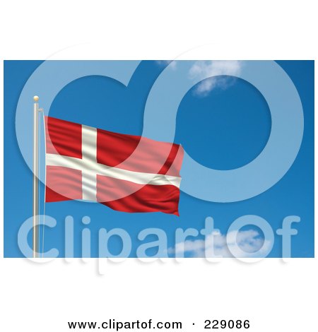 Royalty-Free (RF) Clipart Illustration of the Flag Of Denmark Waving On A Pole Against A Blue Sky by stockillustrations