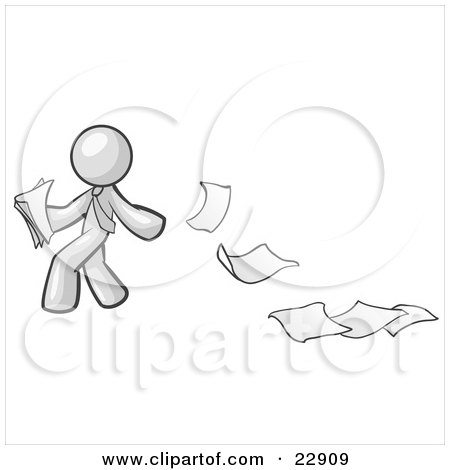 Clipart Illustration of a White Man Dropping White Sheets Of Paper On A Ground And Leaving A Paper Trail, Symbolizing Waste by Leo Blanchette