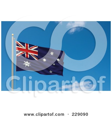 Royalty-Free (RF) Clipart Illustration of the Flag Of Australia Waving On A Pole Against A Blue Sky by stockillustrations