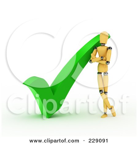 Royalty-Free (RF) Clipart Illustration of a 3d Wooden Mannequin Leaning Against A Green Check Mark by stockillustrations
