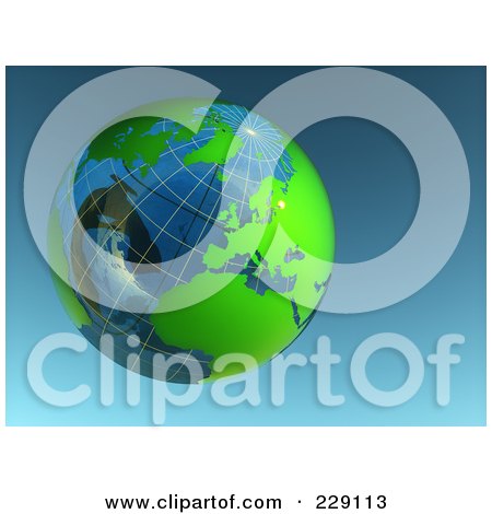 Royalty-Free (RF) Clipart Illustration of a 3d Shiny Blue And Green Globe Over Blue by chrisroll