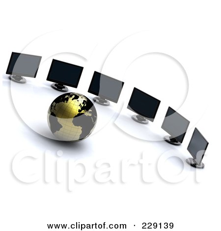 Royalty-Free (RF) Clipart Illustration of a 3d Gold And Black Globe Facing Computer Screens by chrisroll