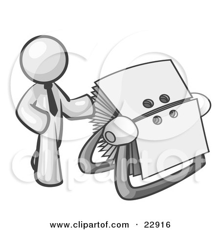 Clipart Illustration of a White Businessman Standing Beside A Rotary Card File With Blank Index Cards by Leo Blanchette