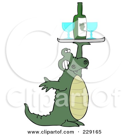 Royalty-Free (RF) Clipart Illustration of an Alligator Holding Up A Wine Tray With Glasses by djart