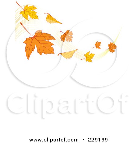 Royalty-Free (RF) Clipart Illustration of a Breeze With Autumn Leaves Waving Above Vertical White Copyspace by Pushkin