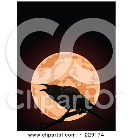 Royalty-Free (RF) Clipart Illustration of a Crow Perched On A Branch Against A Full Moon At Night by Pushkin