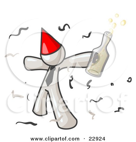 Clipart Illustration of a Happy White Man Partying With a Party Hat, Confetti and a Bottle of Liquor by Leo Blanchette