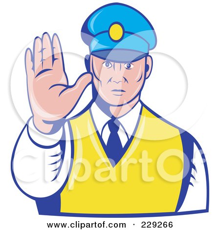 Royalty-Free (RF) Clipart Illustration of a Retro Officer Holding His Hand Out by patrimonio