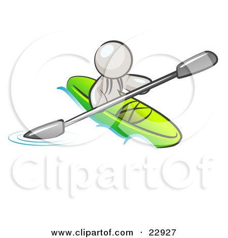 Clipart Illustration of a White Man Paddling Down A River In A Green Kayak by Leo Blanchette