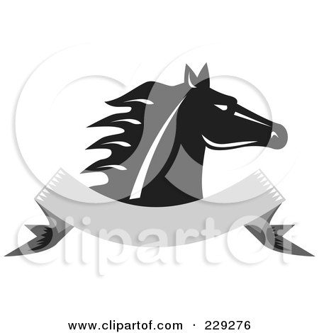 Royalty-Free (RF) Clipart Illustration of a Black And White Horse Head Over A Blank Banner by patrimonio