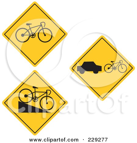 Royalty-Free (RF) Clipart Illustration of a Digital Collage Of Yellow Bicycling Road Signs by patrimonio